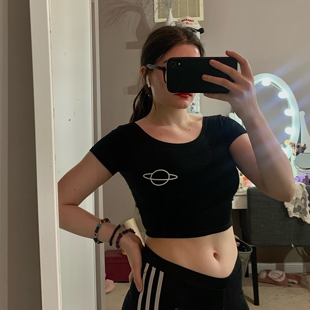 Black Crop Tee Short Sleeve Fitted Planet Accent M